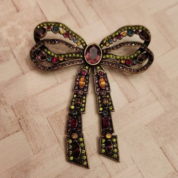 Heidi Daus Ribbon Bow Bronze Tone purple yellow 3" Brooch Pin Signed - Picture 1 of 2